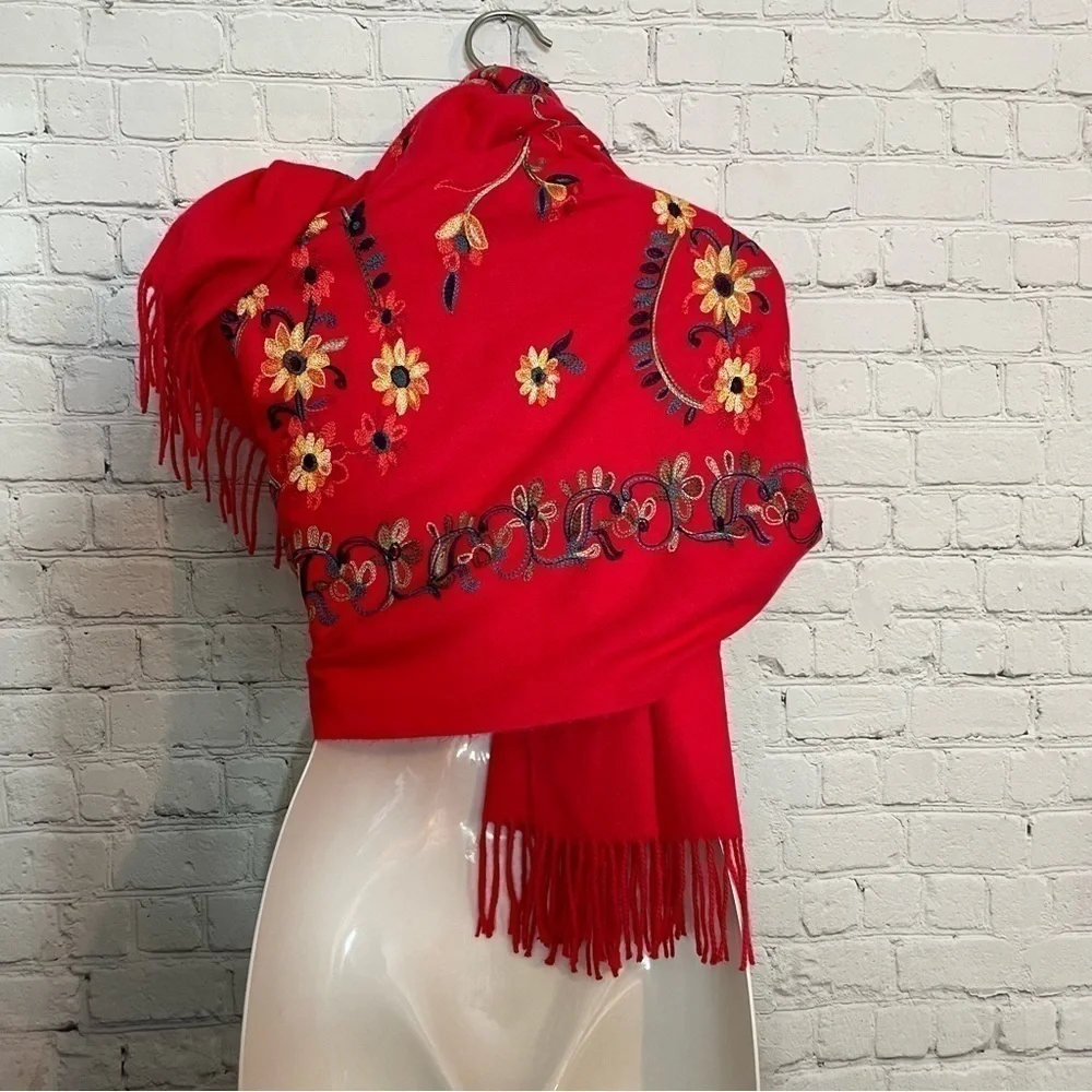 Red Embroidery Floral Flower Cashmere Long Fashion Scarf Wrap